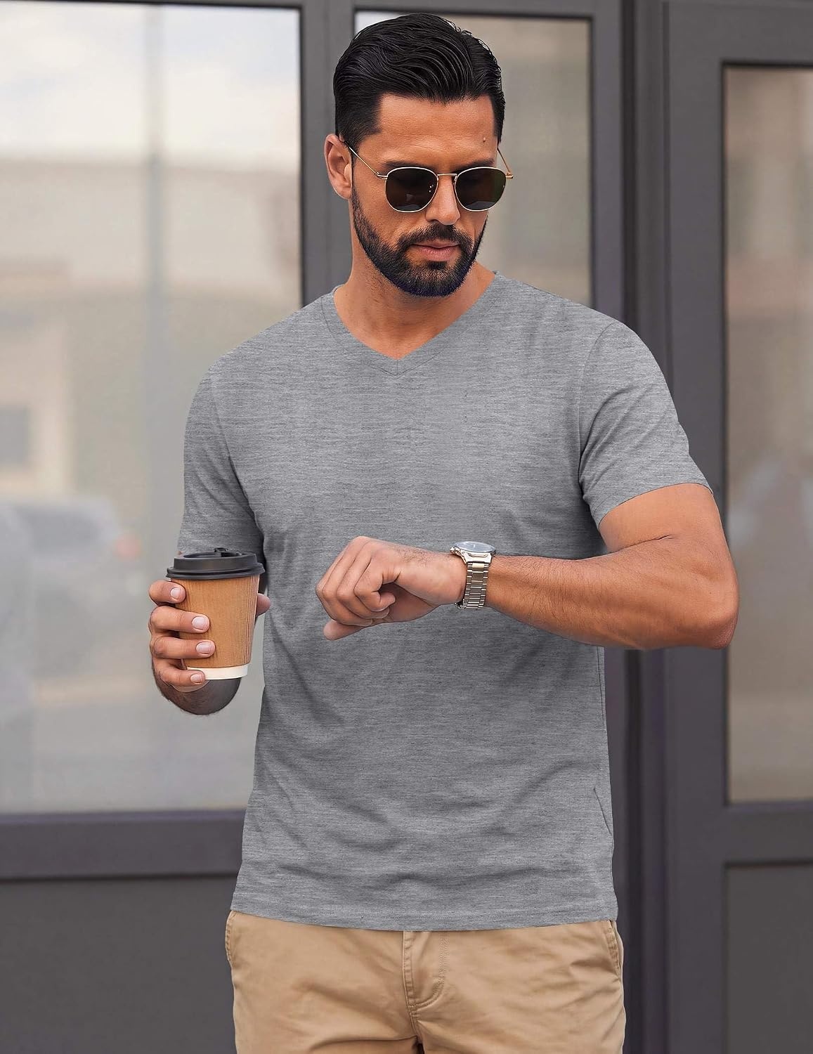 image:imageCOOFANDY Mens T Shirts Short Sleeve V Neck TShirt Casual Plain Basic TeeLight Gray