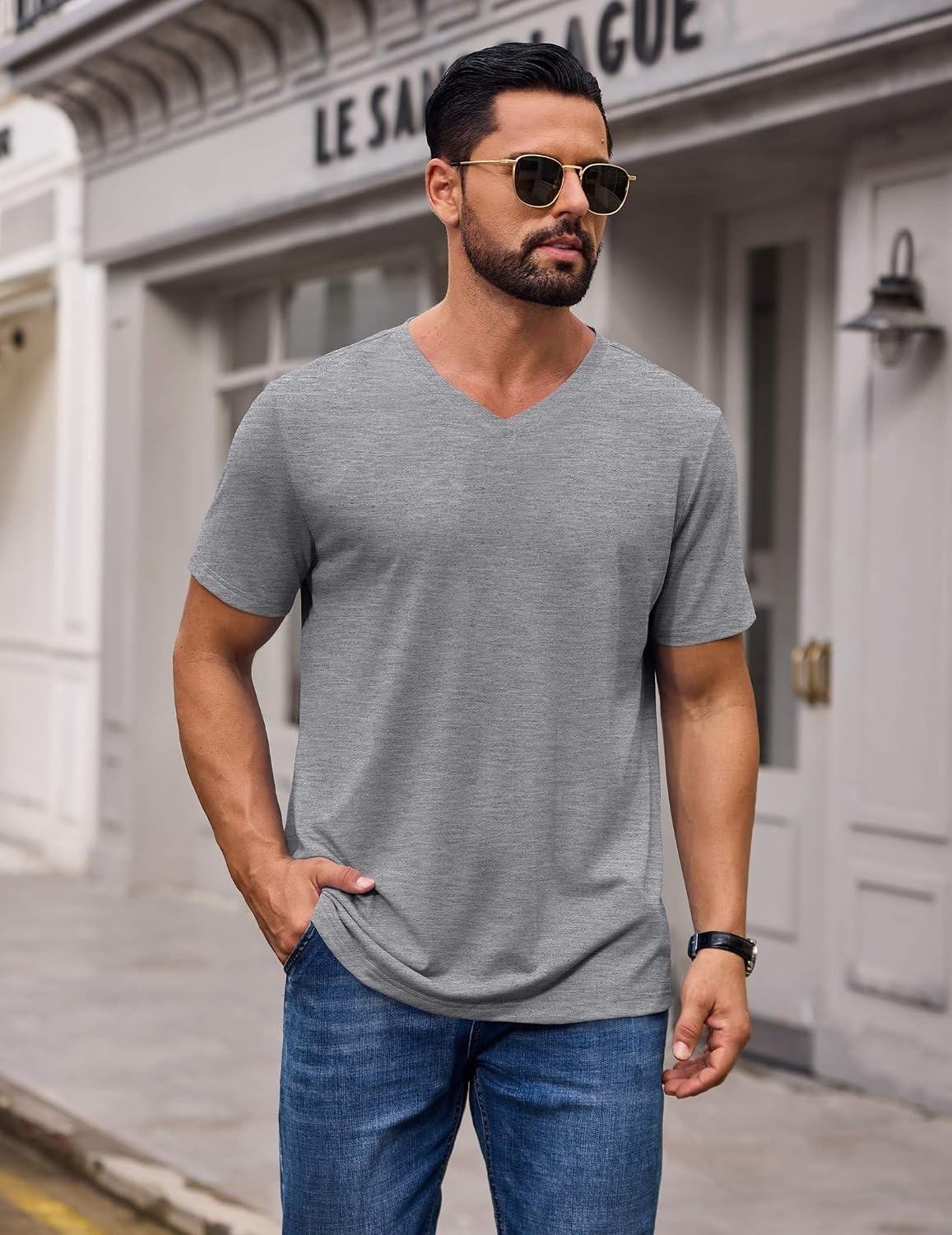 image:imageCOOFANDY Mens T Shirts Short Sleeve V Neck TShirt Casual Plain Basic TeeLight Gray