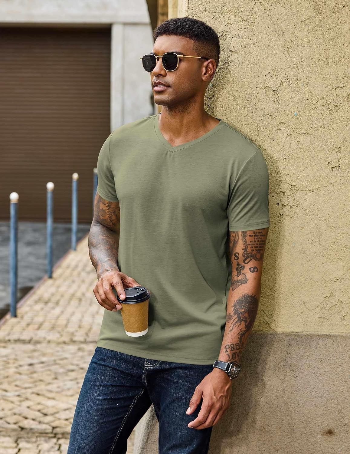 image:imageCOOFANDY Mens T Shirts Short Sleeve V Neck TShirt Casual Plain Basic TeeLight Green
