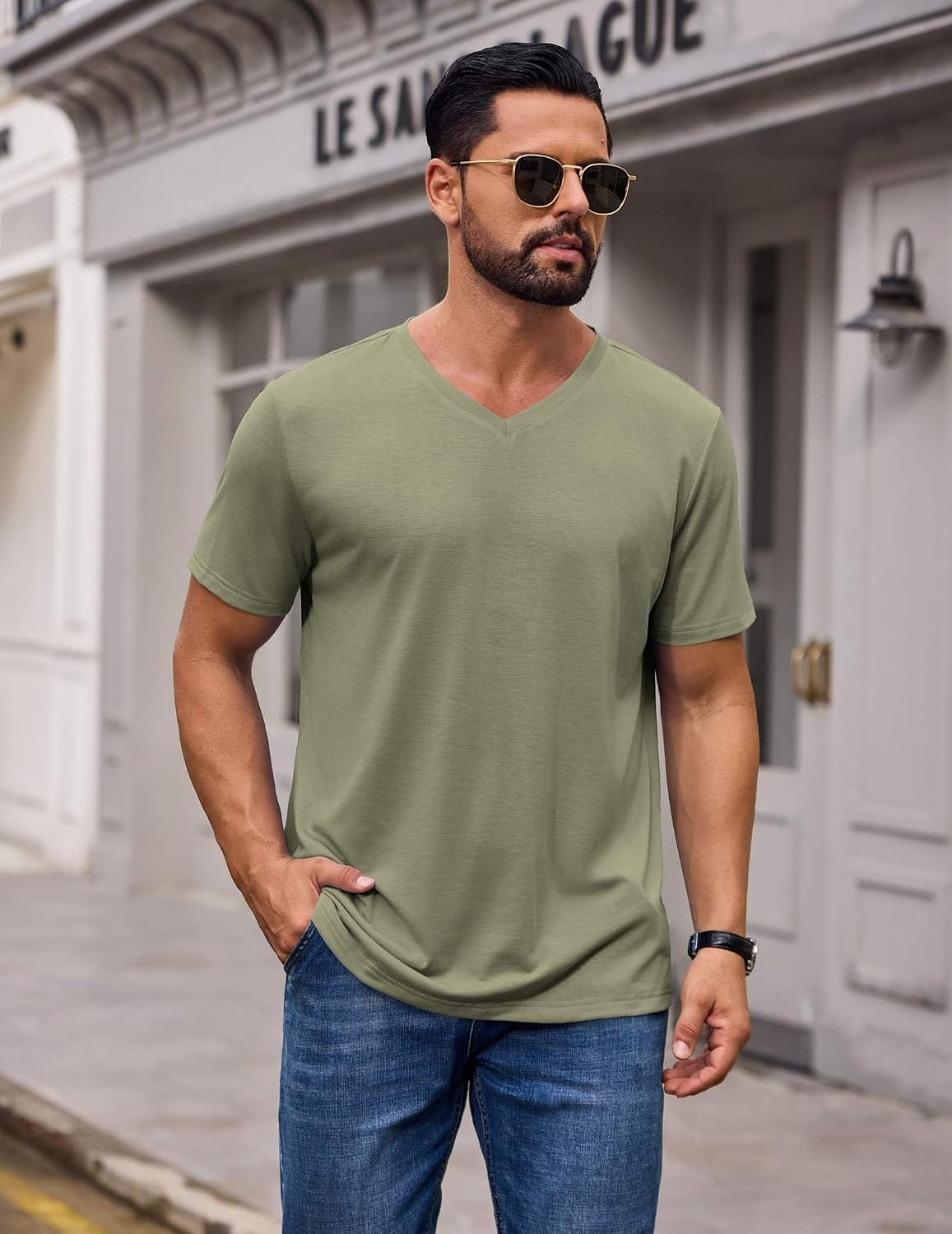 image:imageCOOFANDY Mens T Shirts Short Sleeve V Neck TShirt Casual Plain Basic TeeLight Green