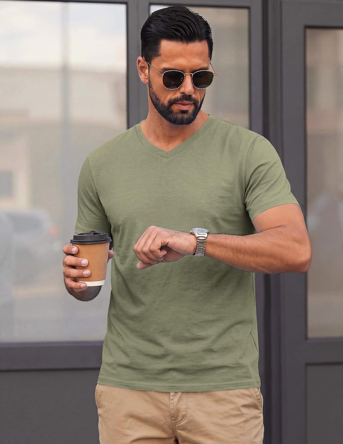 image:imageCOOFANDY Mens T Shirts Short Sleeve V Neck TShirt Casual Plain Basic TeeLight Green