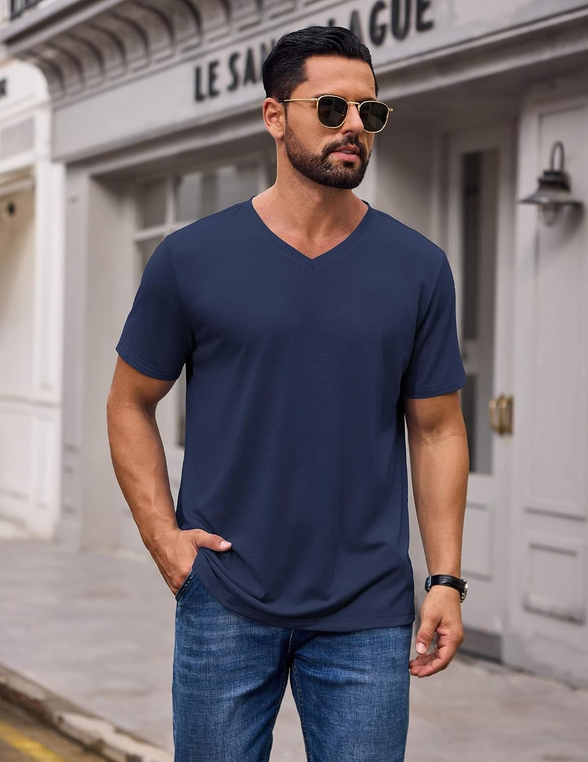image:imageCOOFANDY Mens T Shirts Short Sleeve V Neck TShirt Casual Plain Basic TeeMidnight Blue