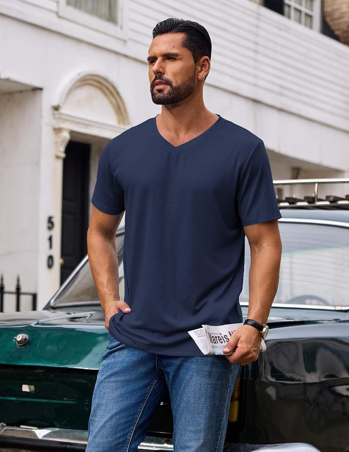 image:imageCOOFANDY Mens T Shirts Short Sleeve V Neck TShirt Casual Plain Basic TeeMidnight Blue