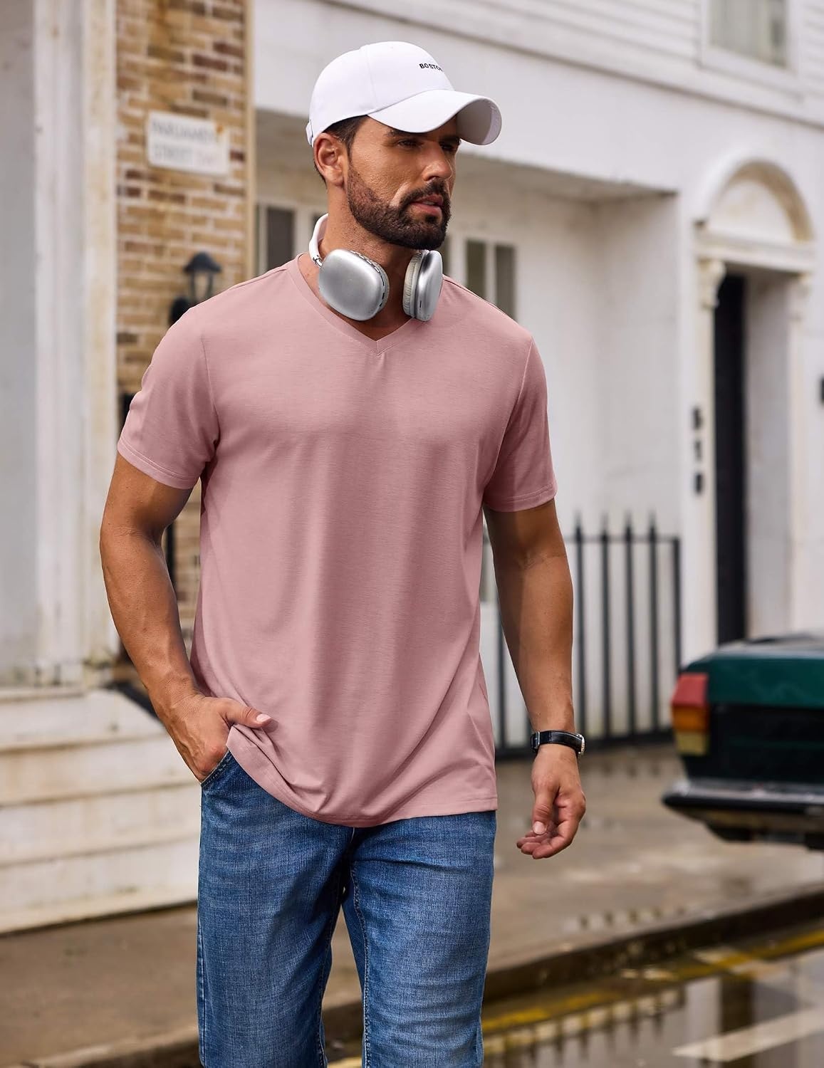 image:imageCOOFANDY Mens T Shirts Short Sleeve V Neck TShirt Casual Plain Basic TeePink