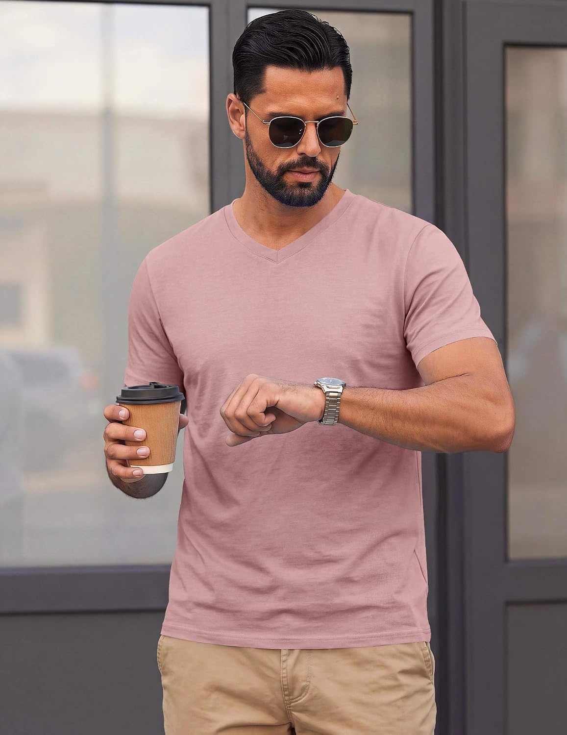 image:imageCOOFANDY Mens T Shirts Short Sleeve V Neck TShirt Casual Plain Basic TeePink