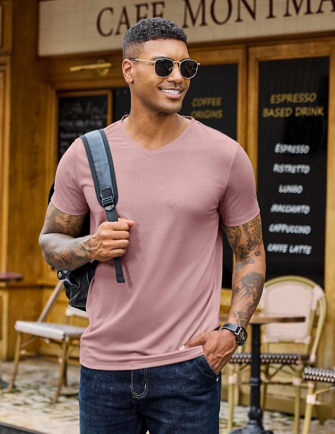 image:imageCOOFANDY Mens T Shirts Short Sleeve V Neck TShirt Casual Plain Basic TeePink