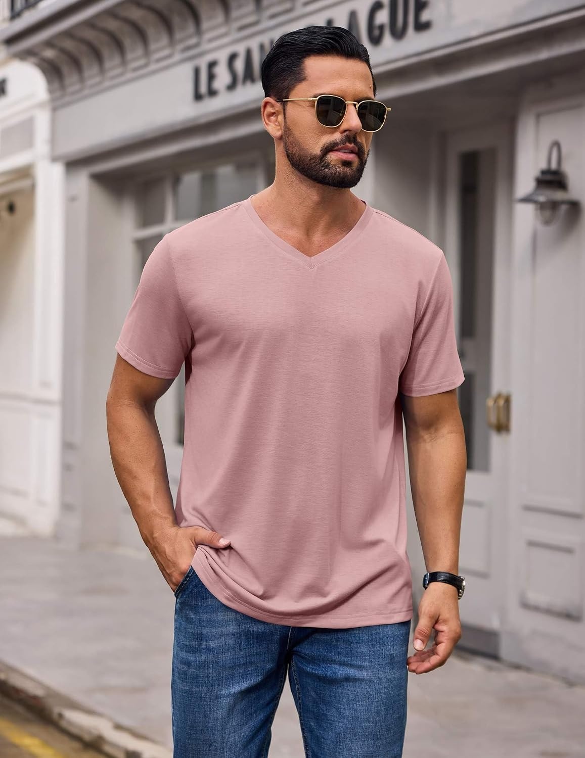 image:imageCOOFANDY Mens T Shirts Short Sleeve V Neck TShirt Casual Plain Basic TeePink