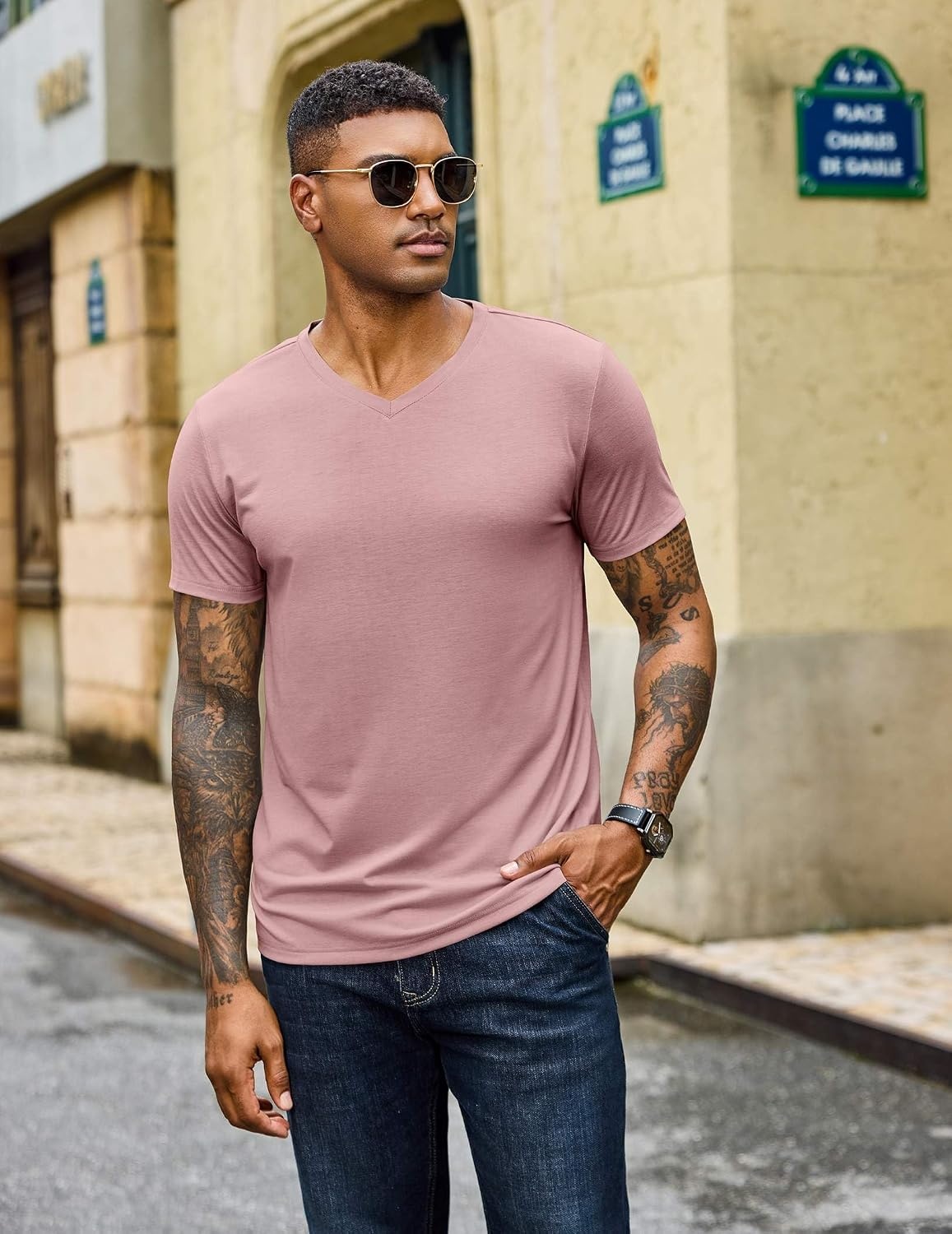 image:imageCOOFANDY Mens T Shirts Short Sleeve V Neck TShirt Casual Plain Basic TeePink