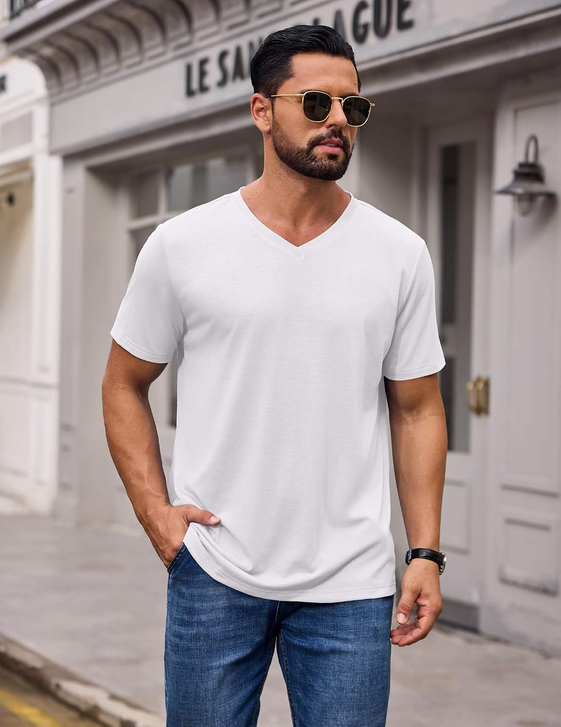 image:imageCOOFANDY Mens T Shirts Short Sleeve V Neck TShirt Casual Plain Basic TeeWhite