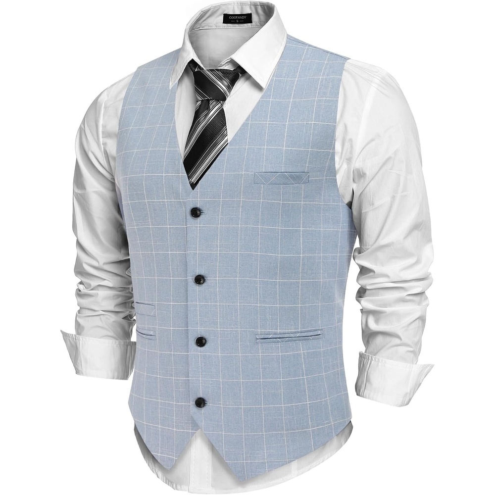 image:imageCOOFANDY Mens Casual Business Vests Lightweight Waistcoat Slim Fit Suit VestPlaid Vestlight Blue