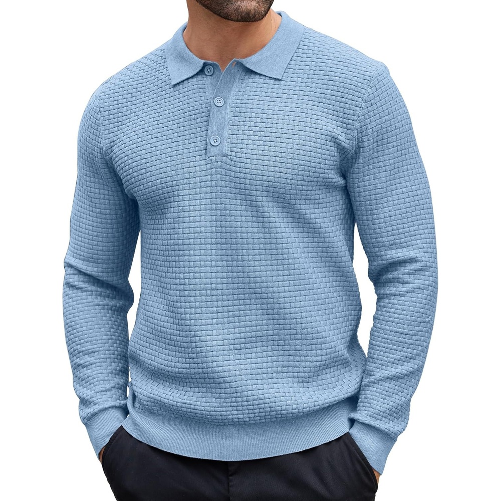 image:imageCOOFANDY Mens Knit Polo Shirts Casual Collared Long Sleeve Sweater PolosAiry Blue
