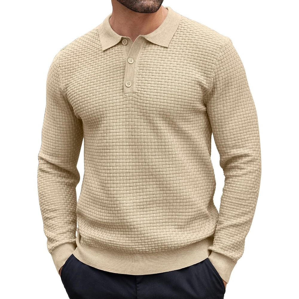 image:imageCOOFANDY Mens Knit Polo Shirts Casual Collared Long Sleeve Sweater PolosApricot