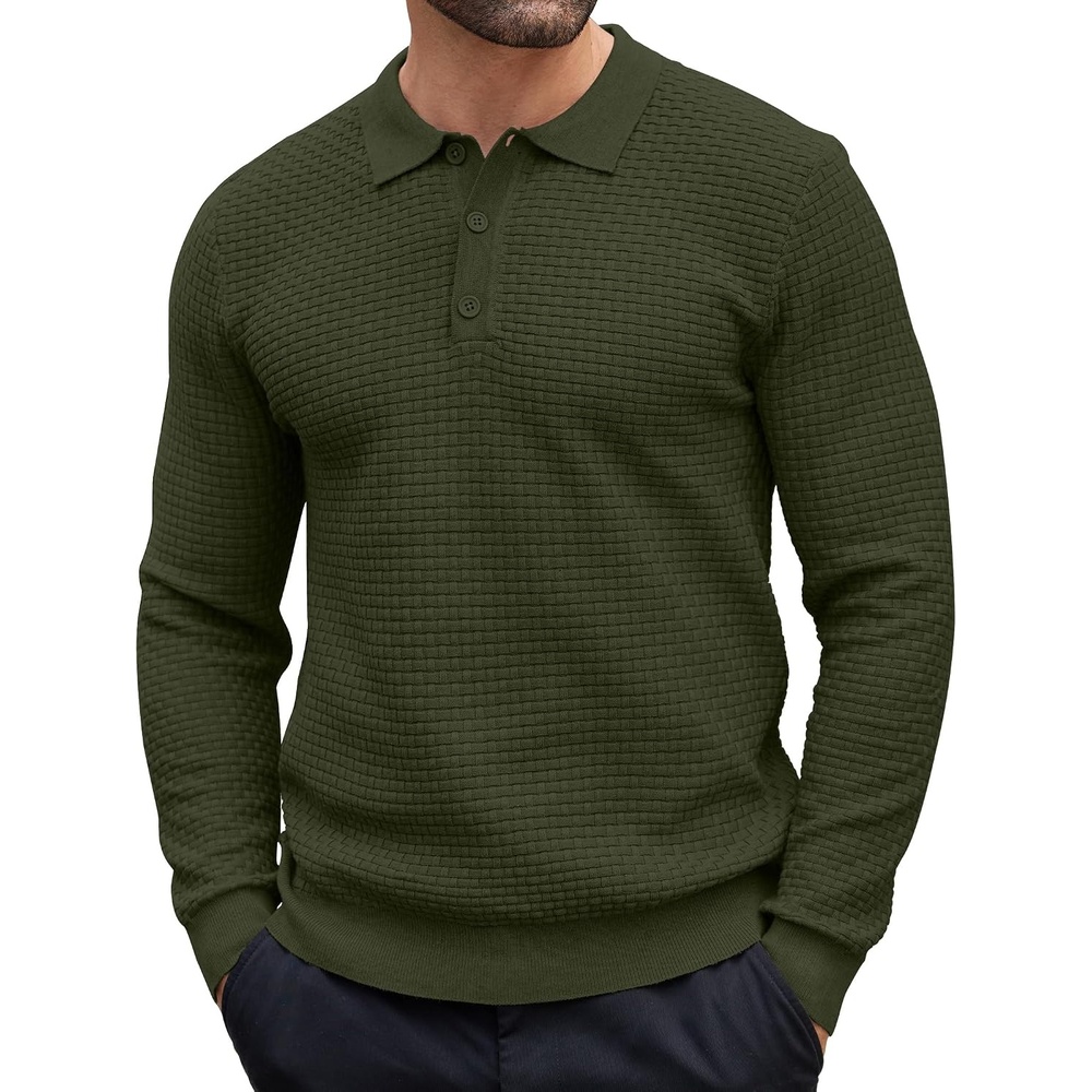image:imageCOOFANDY Mens Knit Polo Shirts Casual Collared Long Sleeve Sweater PolosArmy Green