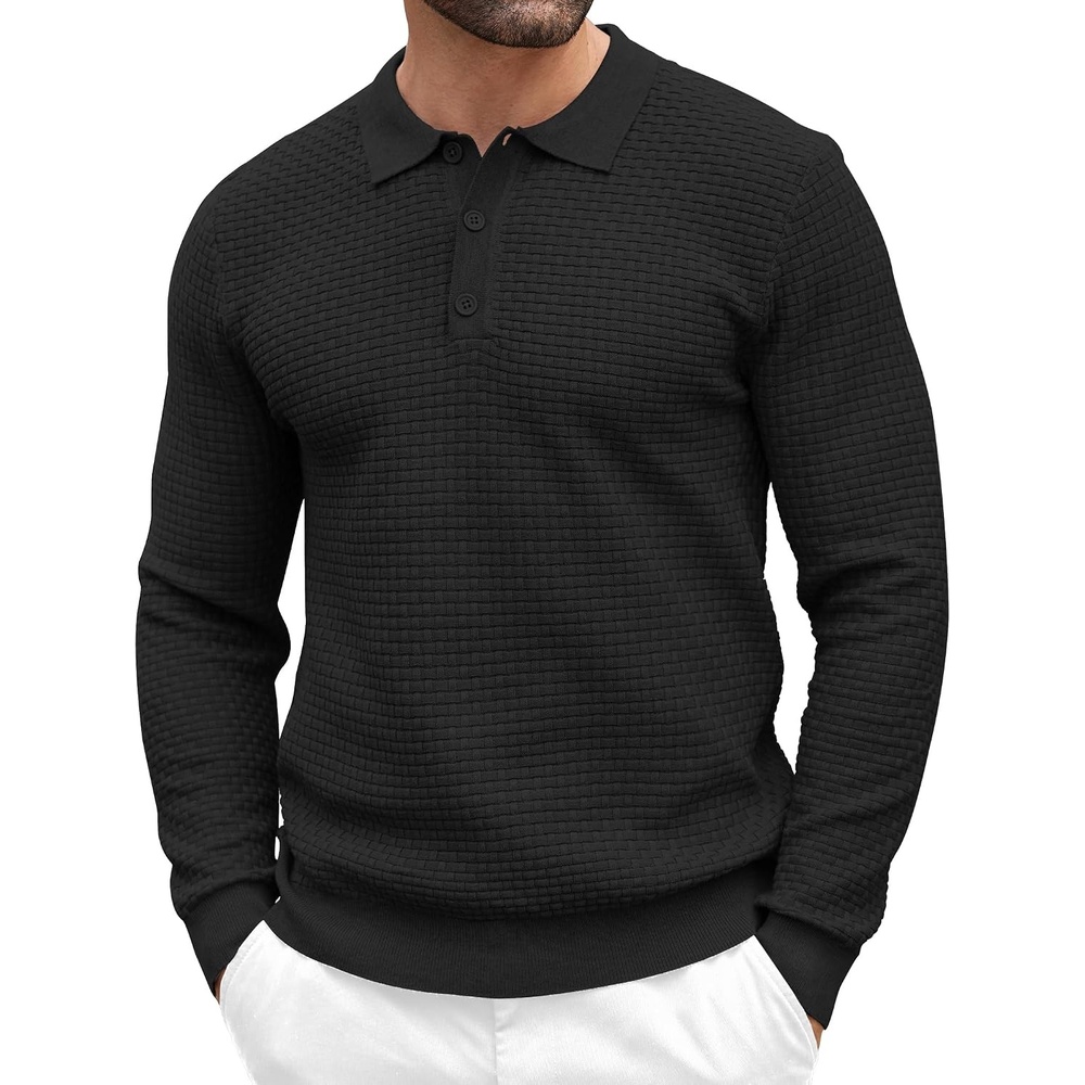 image:imageCOOFANDY Mens Knit Polo Shirts Casual Collared Long Sleeve Sweater PolosBlack