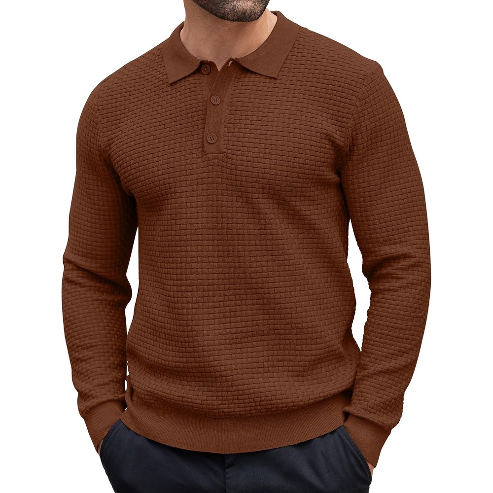 image:imageCOOFANDY Mens Knit Polo Shirts Casual Collared Long Sleeve Sweater PolosCaramel