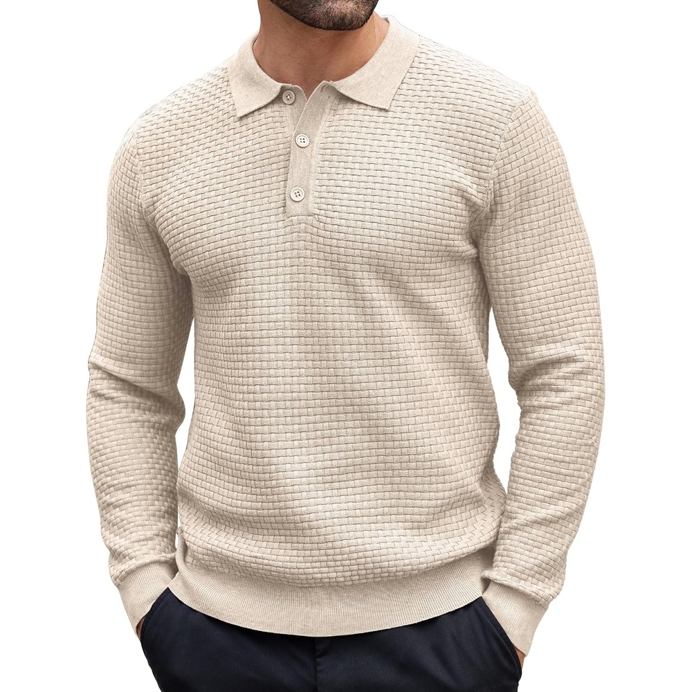 image:imageCOOFANDY Mens Knit Polo Shirts Casual Collared Long Sleeve Sweater PolosCream