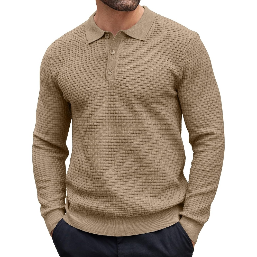 image:imageCOOFANDY Mens Knit Polo Shirts Casual Collared Long Sleeve Sweater PolosKhaki