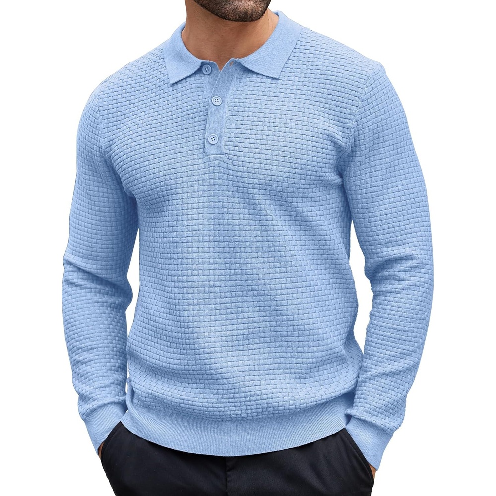 image:imageCOOFANDY Mens Knit Polo Shirts Casual Collared Long Sleeve Sweater PolosLight Blue