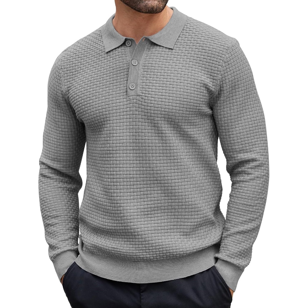 image:imageCOOFANDY Mens Knit Polo Shirts Casual Collared Long Sleeve Sweater PolosLight Grey
