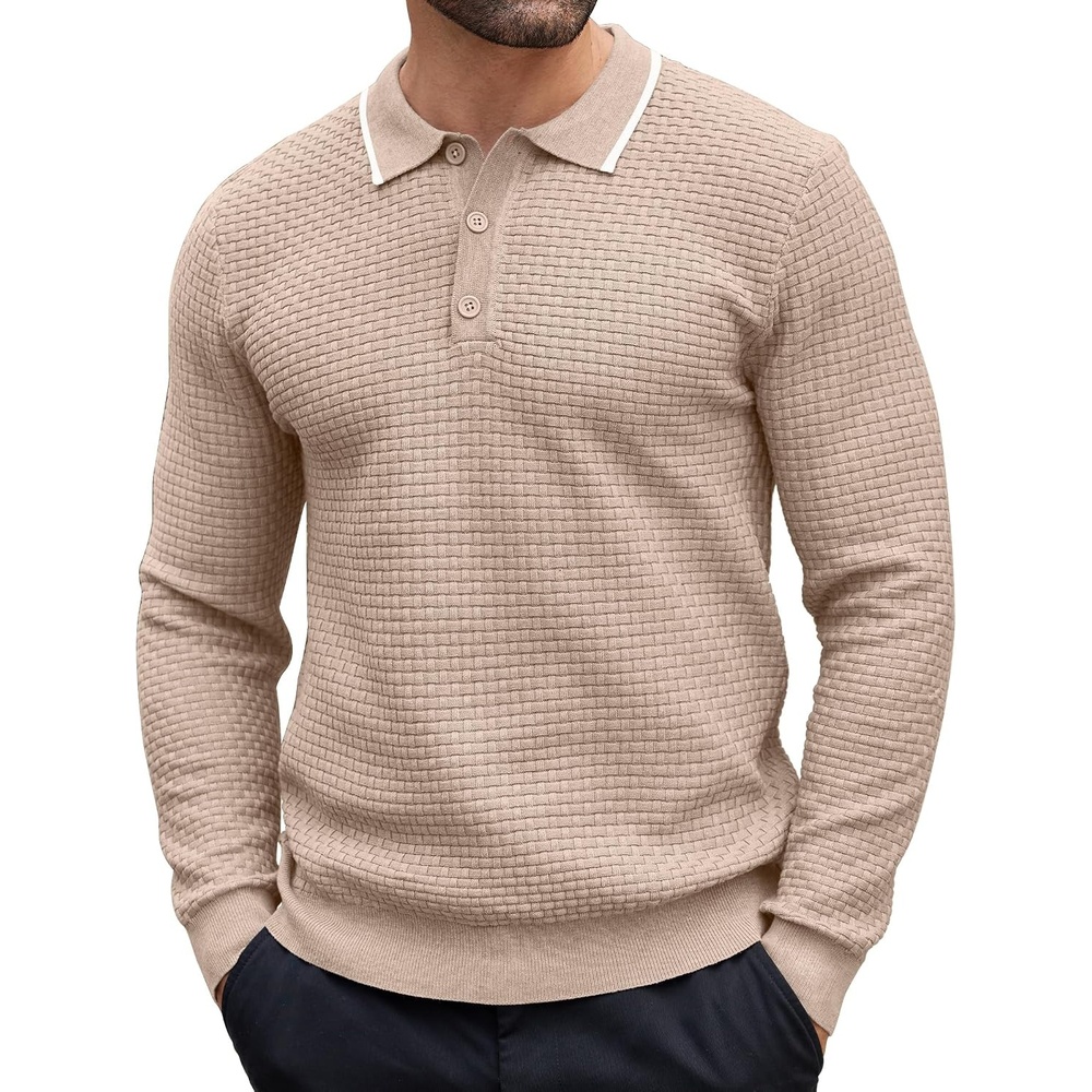 image:imageCOOFANDY Mens Knit Polo Shirts Casual Collared Long Sleeve Sweater PolosStripedlight Khaki