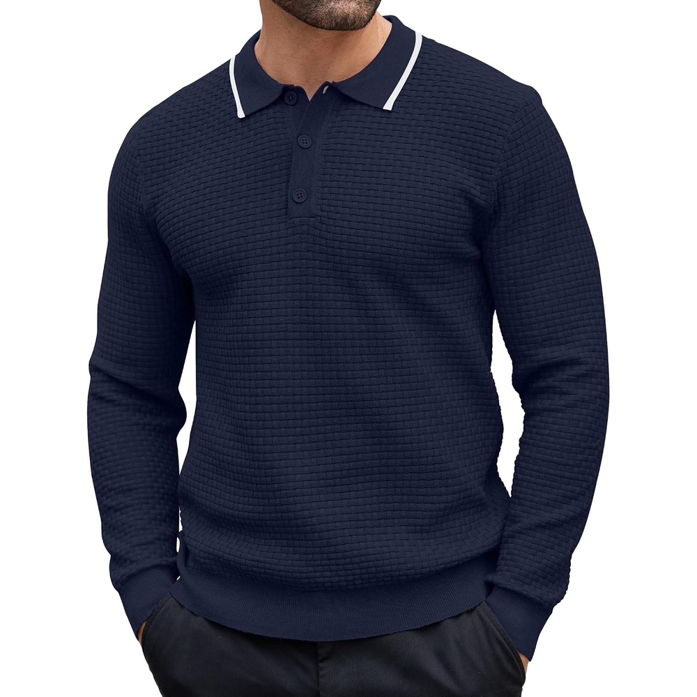 image:imageCOOFANDY Mens Knit Polo Shirts Casual Collared Long Sleeve Sweater PolosStripednavy Blue