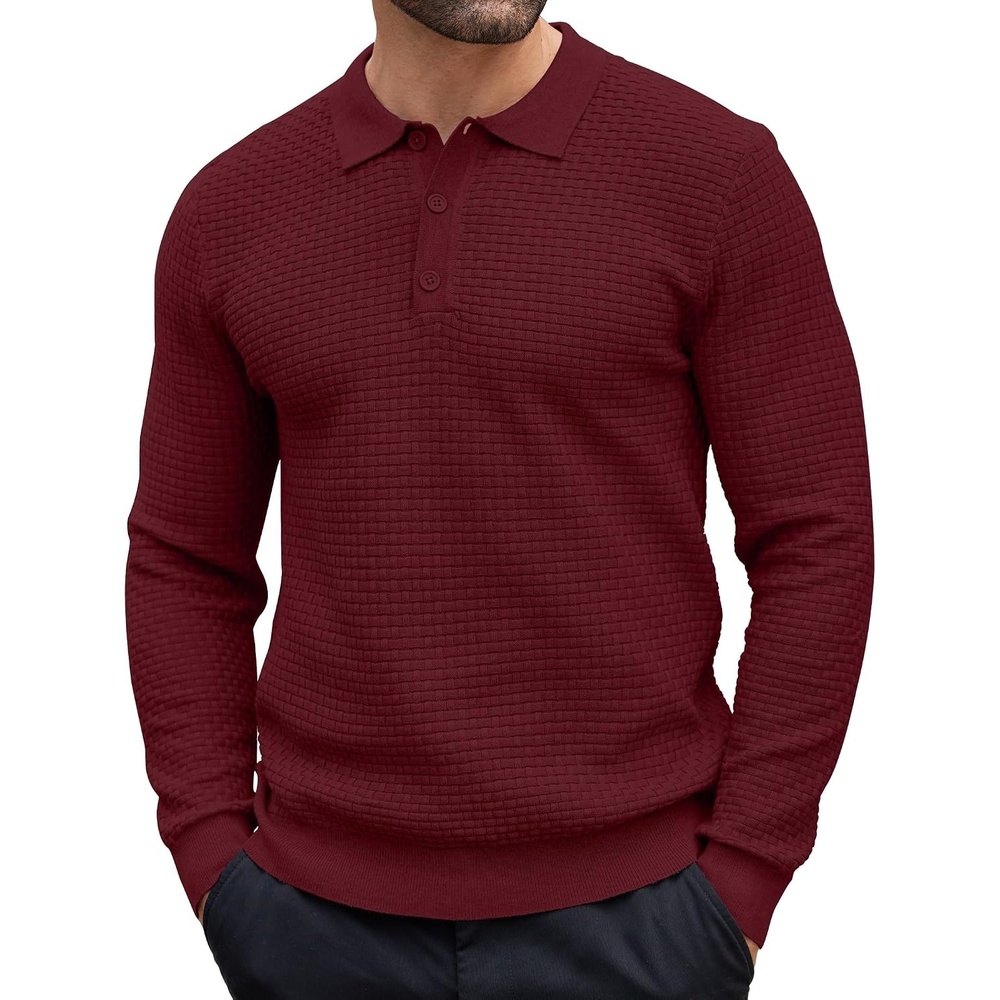 image:imageCOOFANDY Mens Knit Polo Shirts Casual Collared Long Sleeve Sweater PolosWine Red