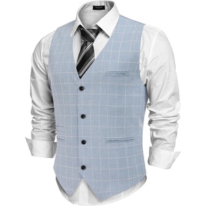 COOFANDY Men’s Casual Business Vests Lightweight Waistcoat Slim Fit Suit Vest(Plaid Vest-light Blue)