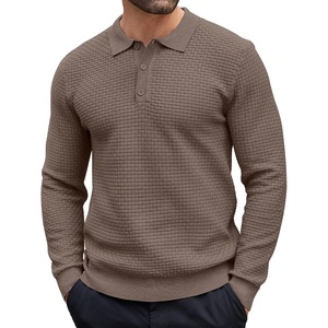 COOFANDY Men’s Knit Polo Shirts Casual Collared Long Sleeve Sweater Polos(Brown and Grey)