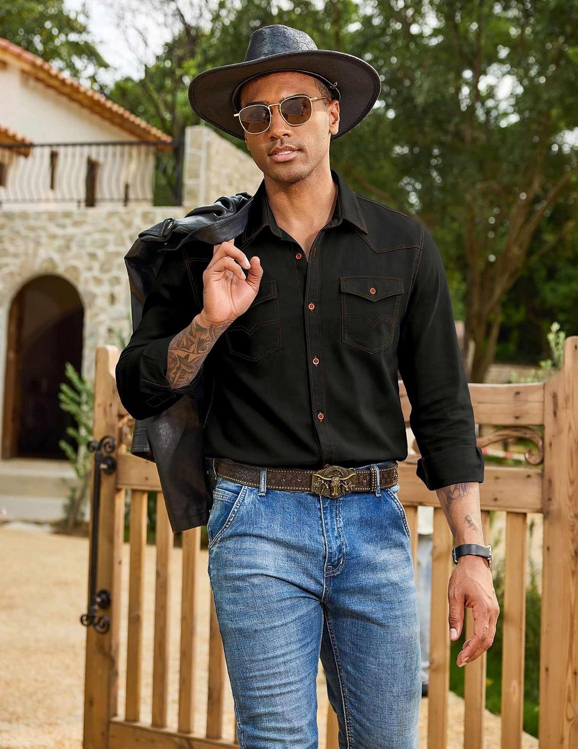image:imageCOOFANDY Men Western Cowboy Shirt Casual Button Down Work Shirt with PocketBlack