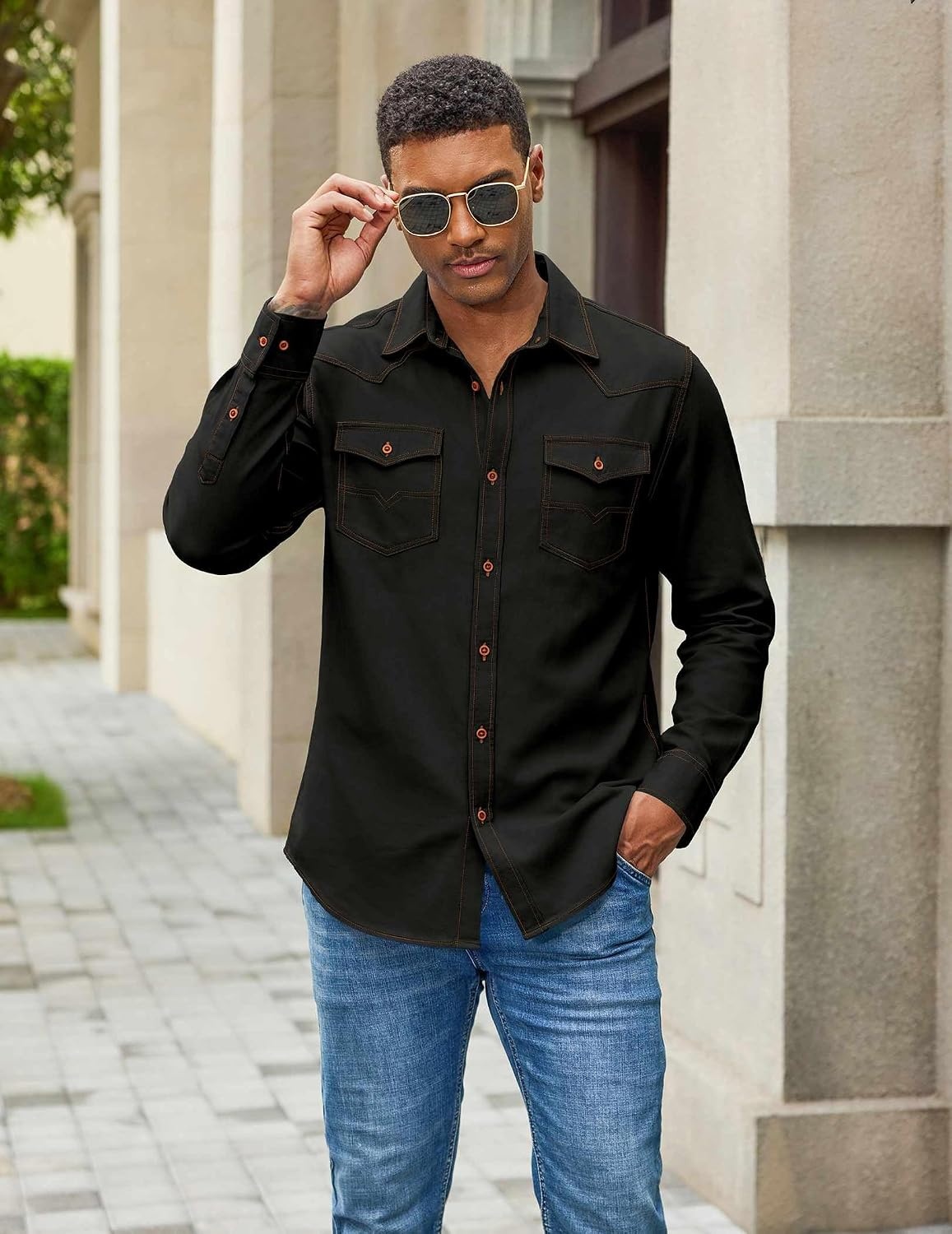 image:imageCOOFANDY Men Western Cowboy Shirt Casual Button Down Work Shirt with PocketBlack