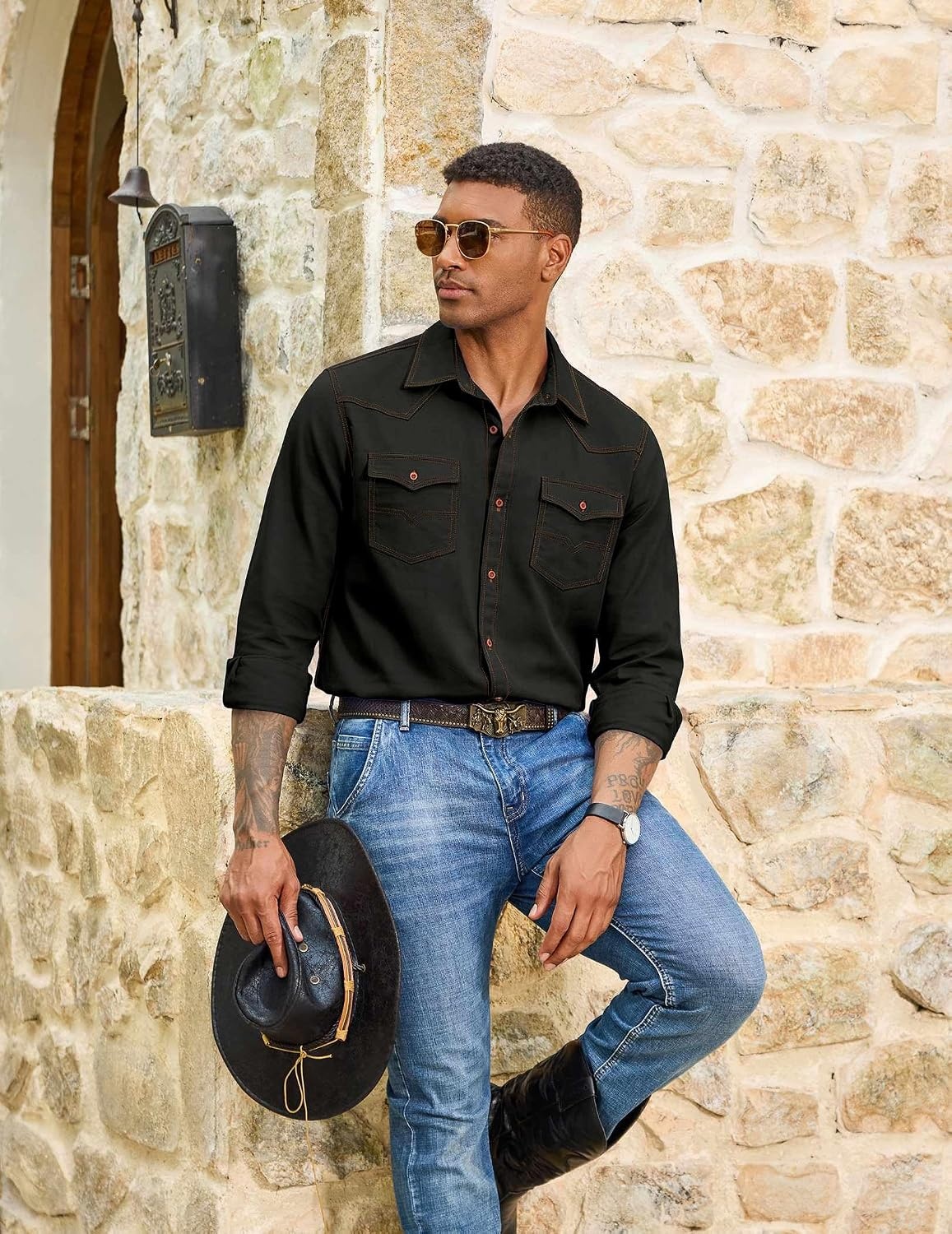image:imageCOOFANDY Men Western Cowboy Shirt Casual Button Down Work Shirt with PocketBlack