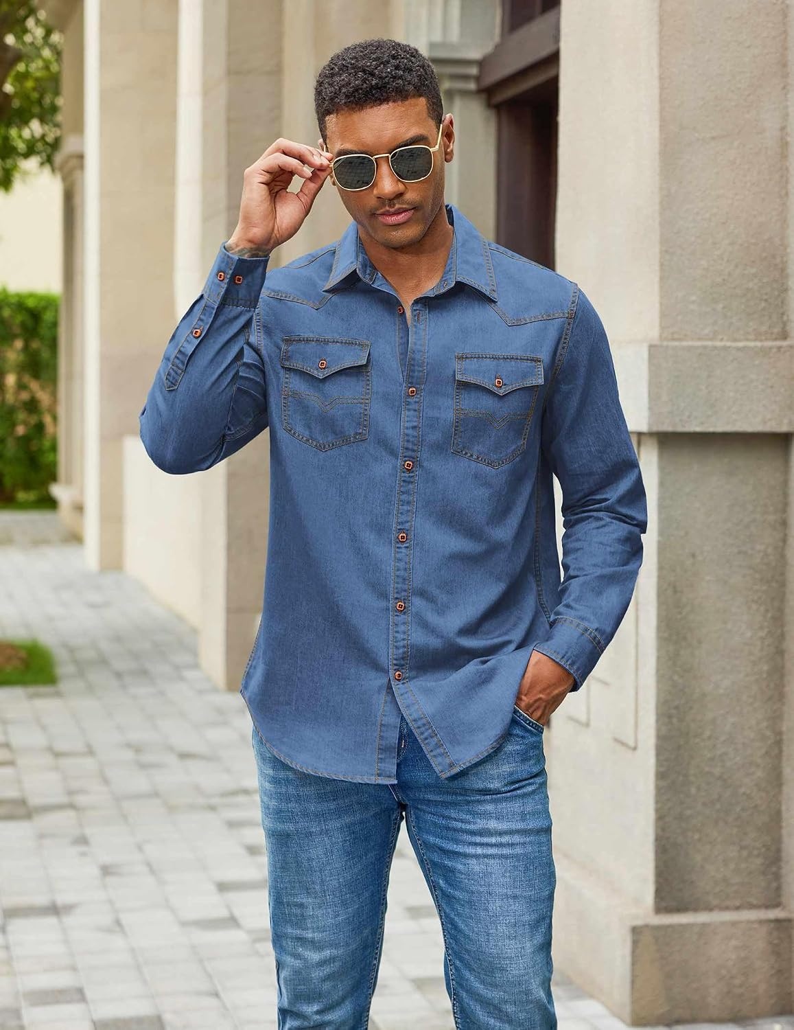 image:imageCOOFANDY Men Western Cowboy Shirt Casual Button Down Work Shirt with PocketBlue