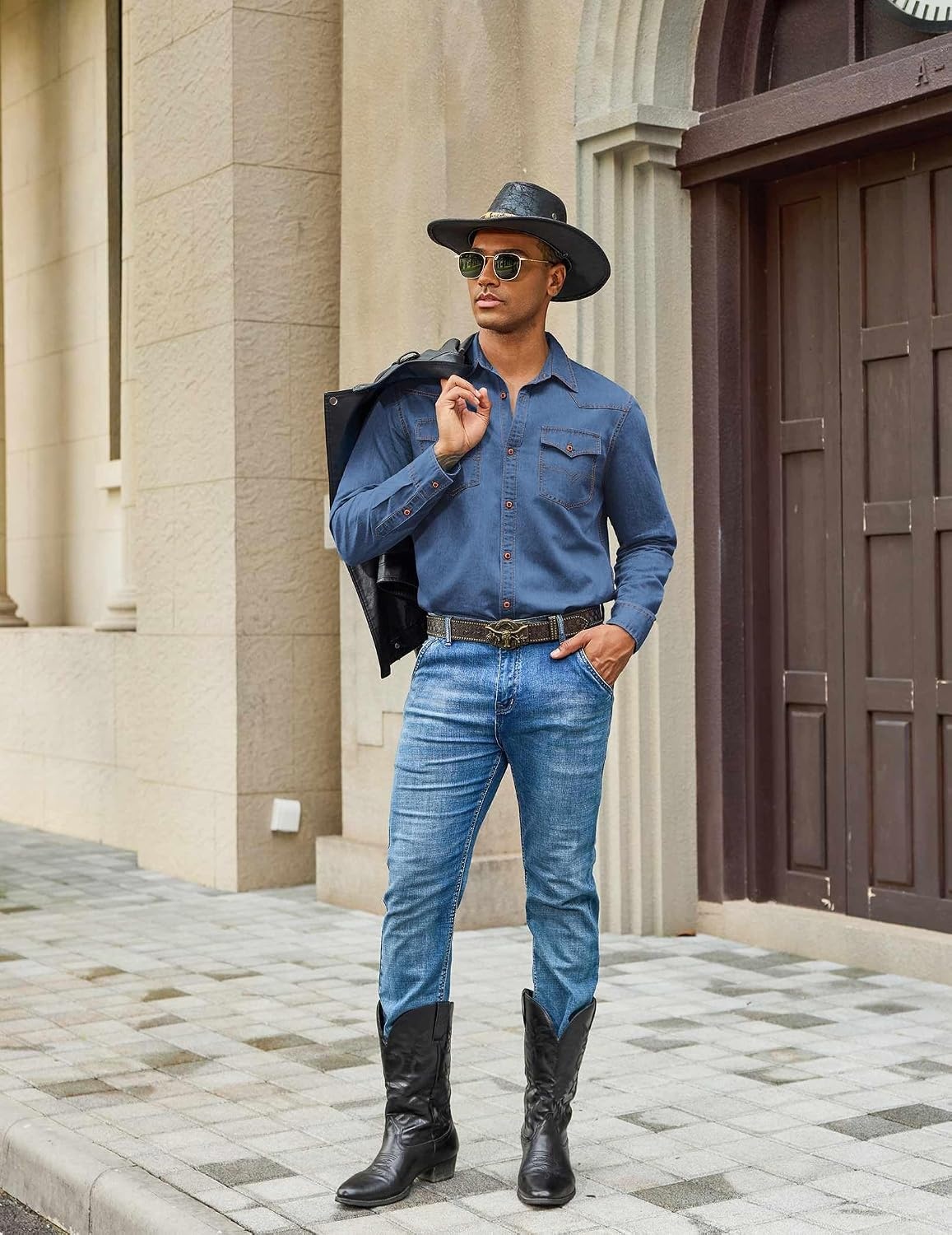 image:imageCOOFANDY Men Western Cowboy Shirt Casual Button Down Work Shirt with PocketBlue