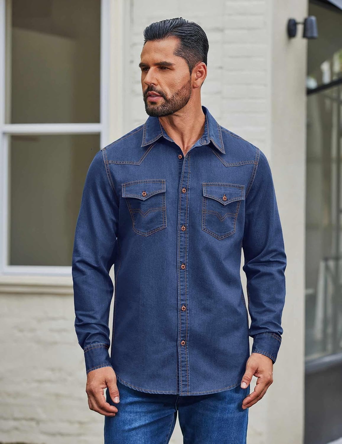 image:imageCOOFANDY Men Western Cowboy Shirt Casual Button Down Work Shirt with PocketDeep Blue