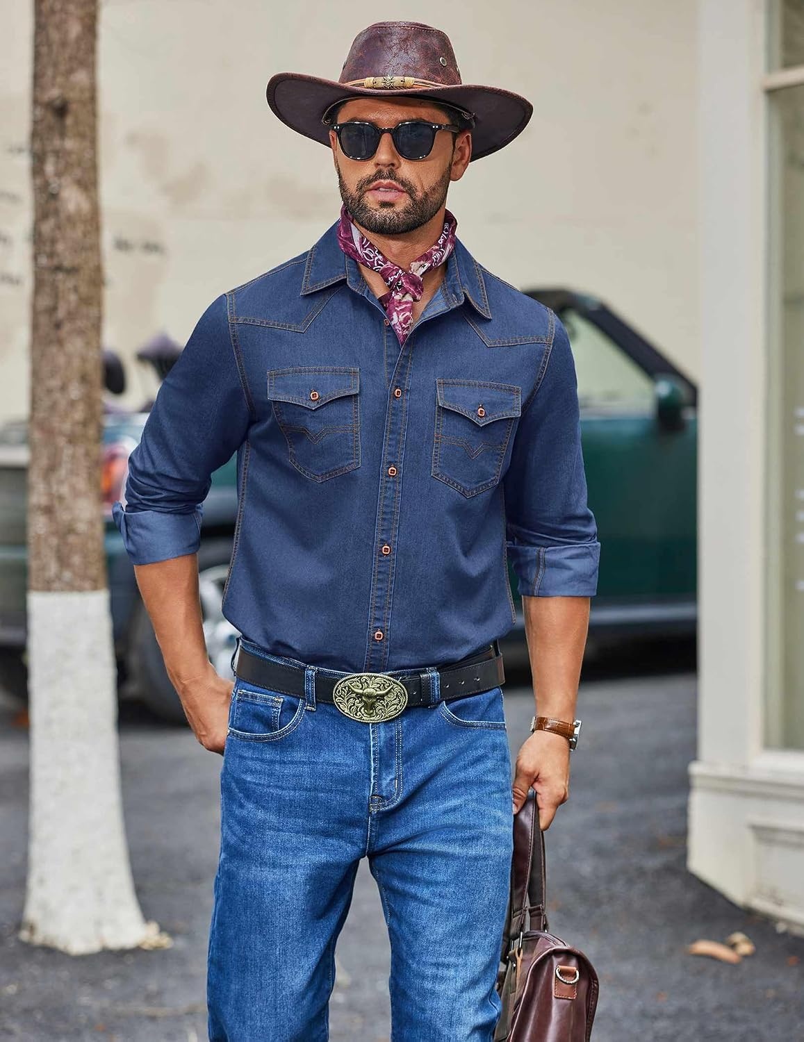 image:imageCOOFANDY Men Western Cowboy Shirt Casual Button Down Work Shirt with PocketDeep Blue