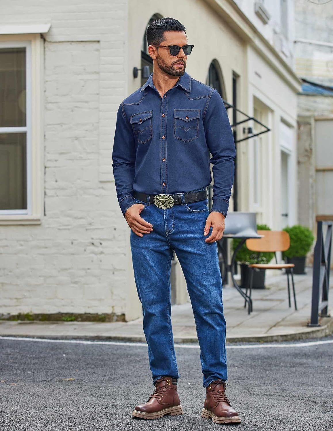 image:imageCOOFANDY Men Western Cowboy Shirt Casual Button Down Work Shirt with PocketDeep Blue