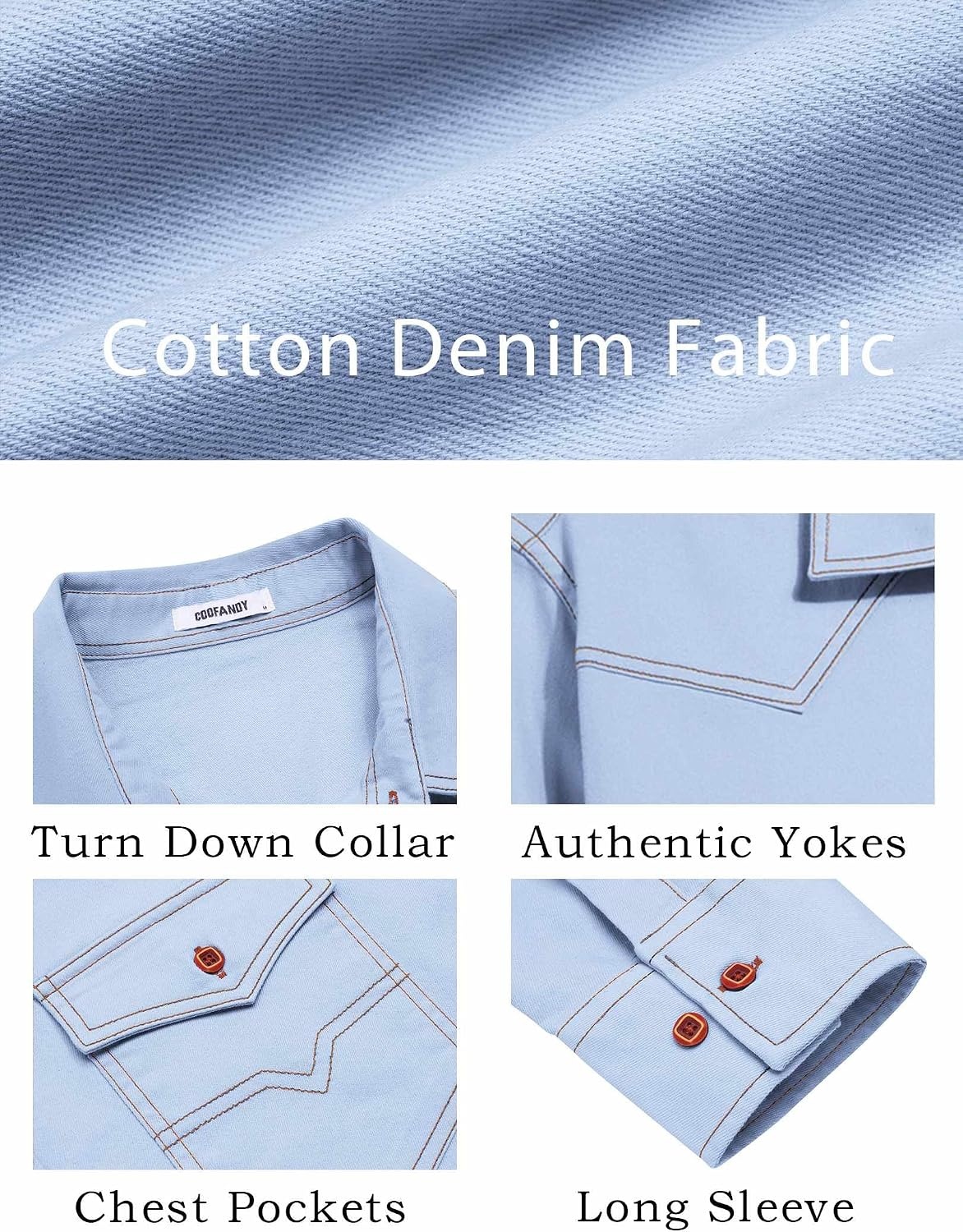 image:imageCOOFANDY Men Western Cowboy Shirt Casual Button Down Work Shirt with PocketLight Blue