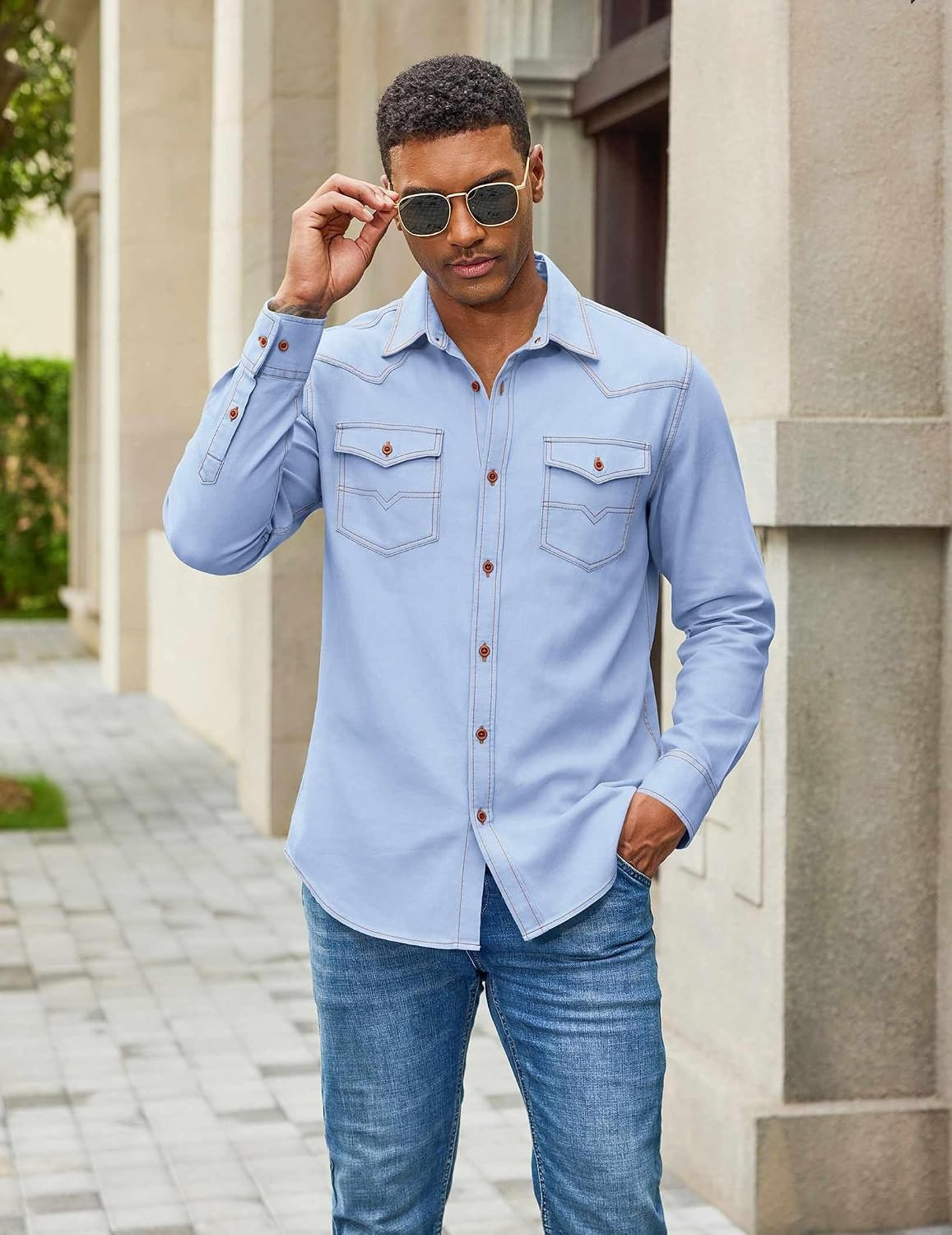 image:imageCOOFANDY Men Western Cowboy Shirt Casual Button Down Work Shirt with PocketLight Blue
