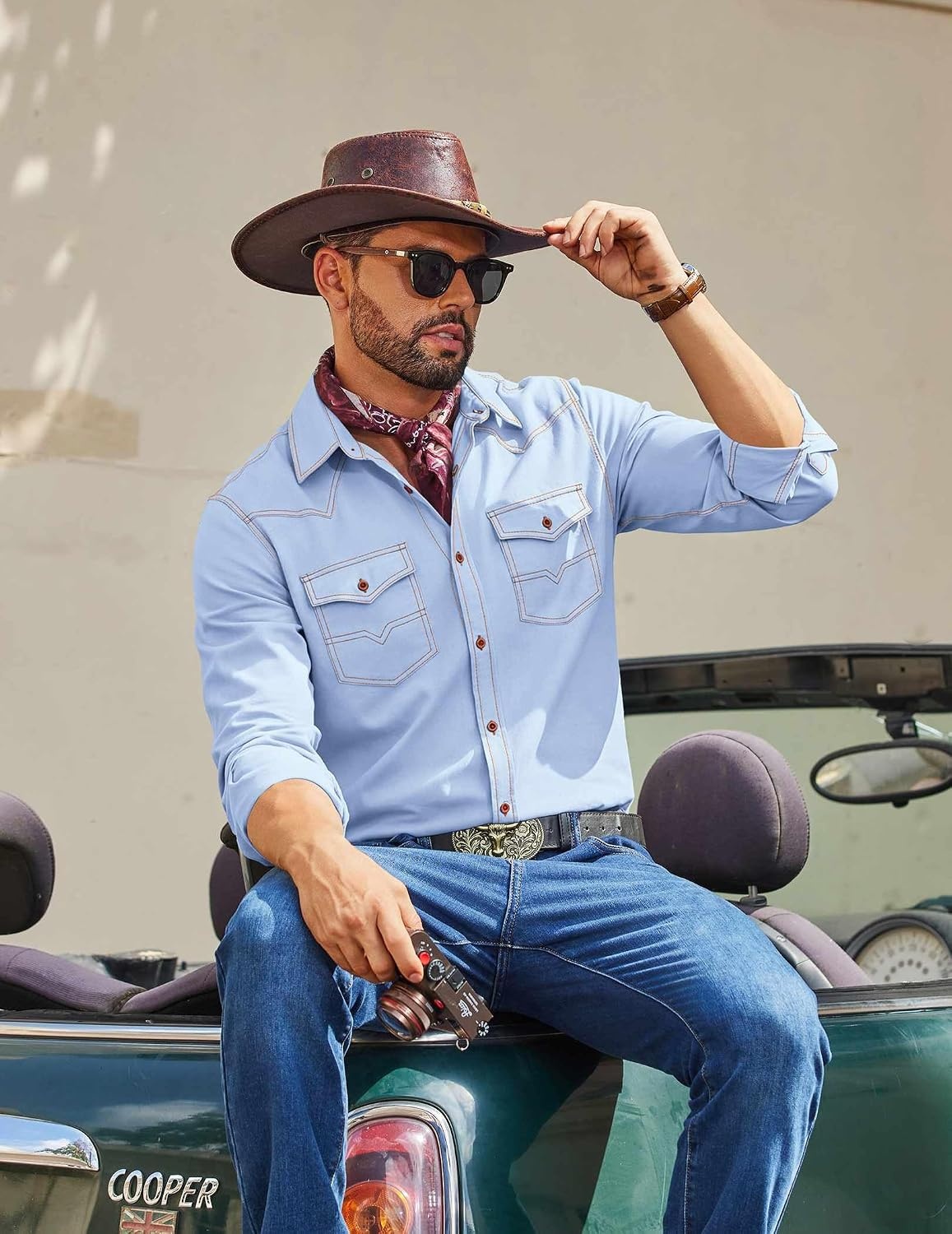 image:imageCOOFANDY Men Western Cowboy Shirt Casual Button Down Work Shirt with PocketLight Blue