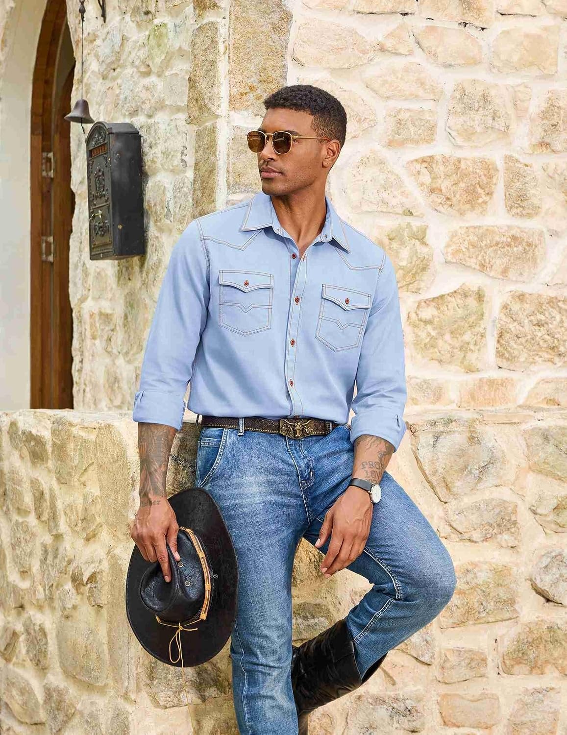 image:imageCOOFANDY Men Western Cowboy Shirt Casual Button Down Work Shirt with PocketLight Blue
