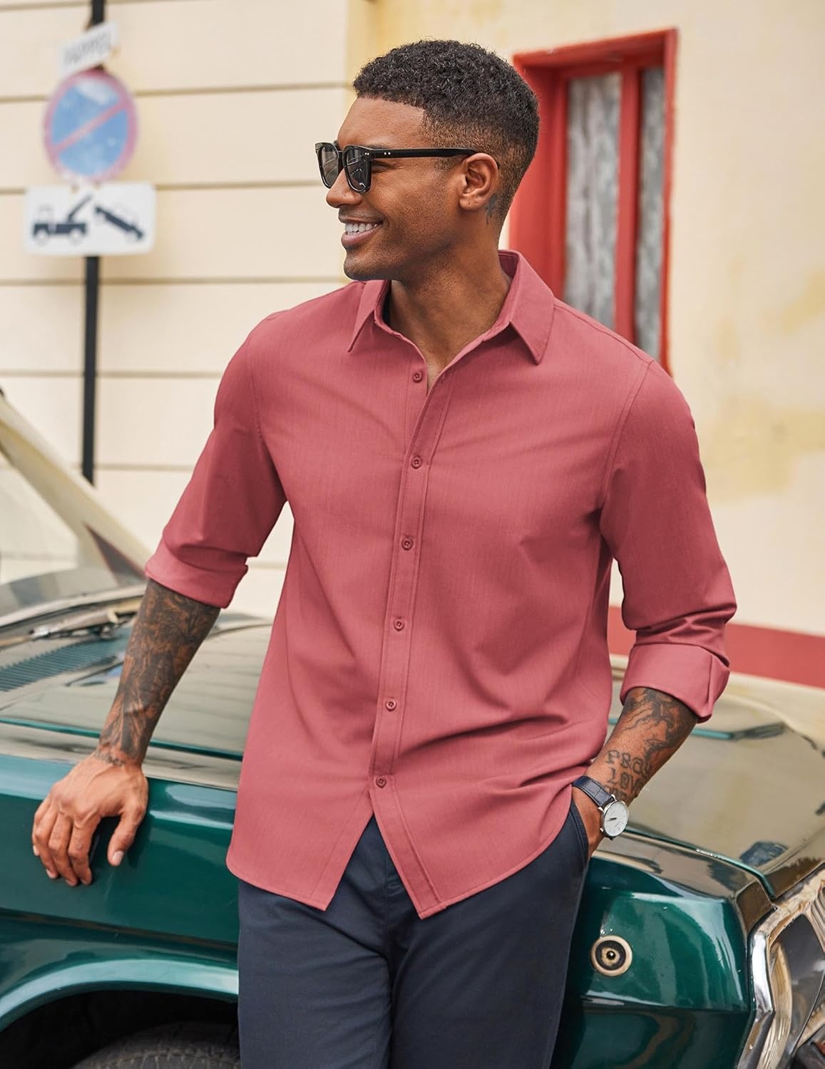 image:imageCOOFANDY Mens Casual Button Down Long Sleeve Untucked Denim Dress ShirtRed