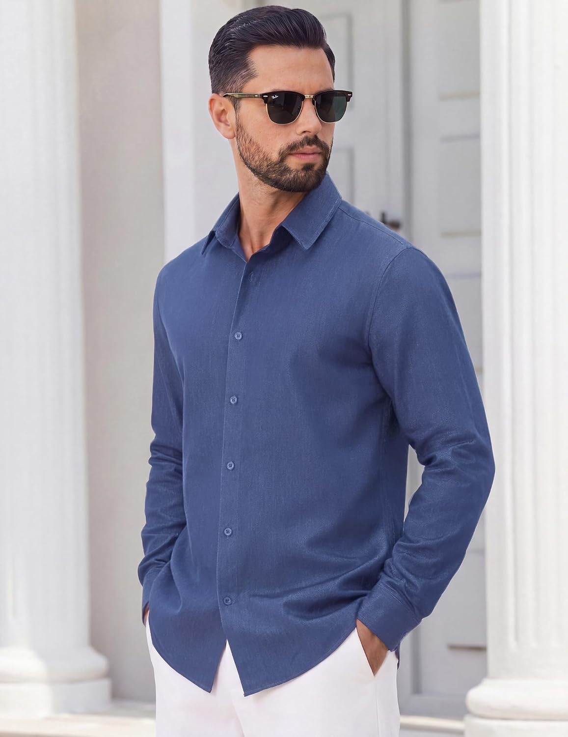 image:imageCOOFANDY Mens Casual Button Down Shirts Long Sleeve Vintage Denim ShirtSky Blue