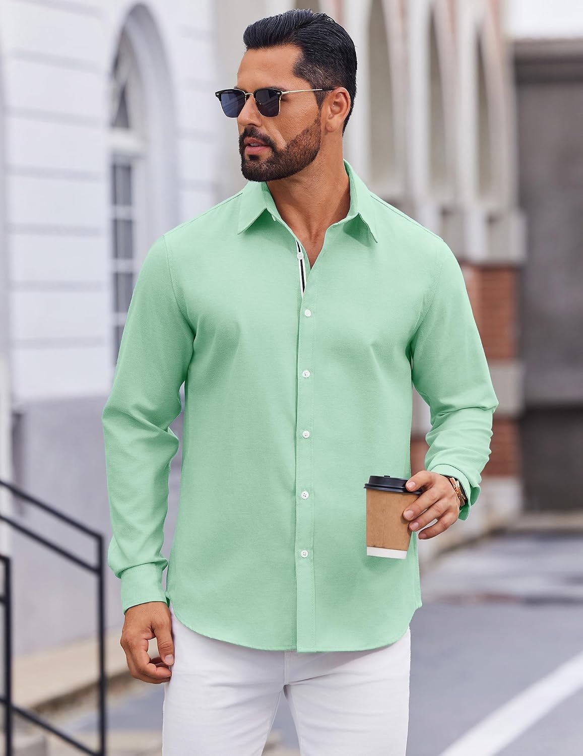 image:imageCOOFANDY Mens Oxford Shirt Long Sleeve Casual Button Down Dress ShirtIce Green