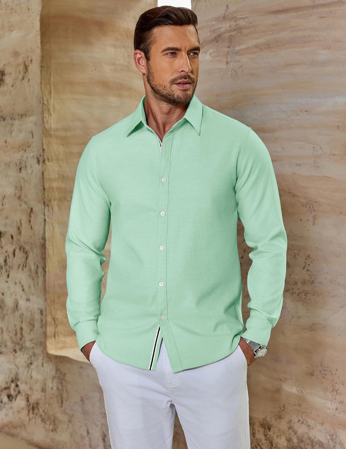 image:imageCOOFANDY Mens Oxford Shirt Long Sleeve Casual Button Down Dress ShirtIce Green