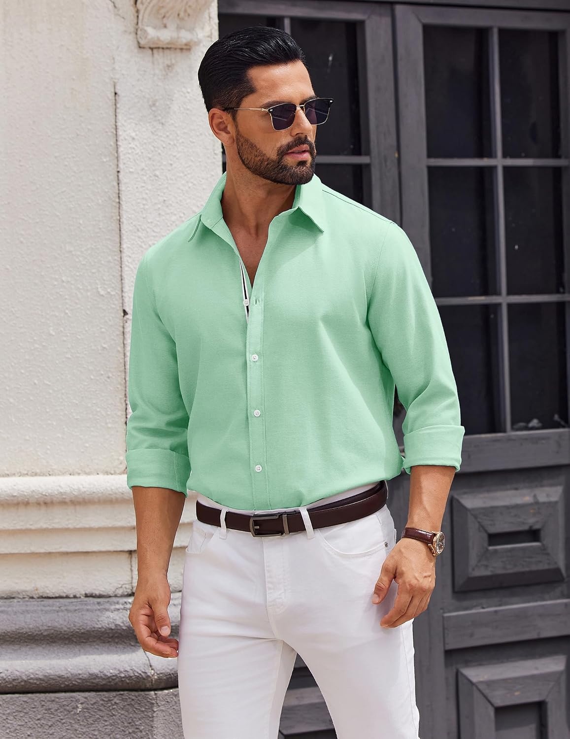 image:imageCOOFANDY Mens Oxford Shirt Long Sleeve Casual Button Down Dress ShirtIce Green