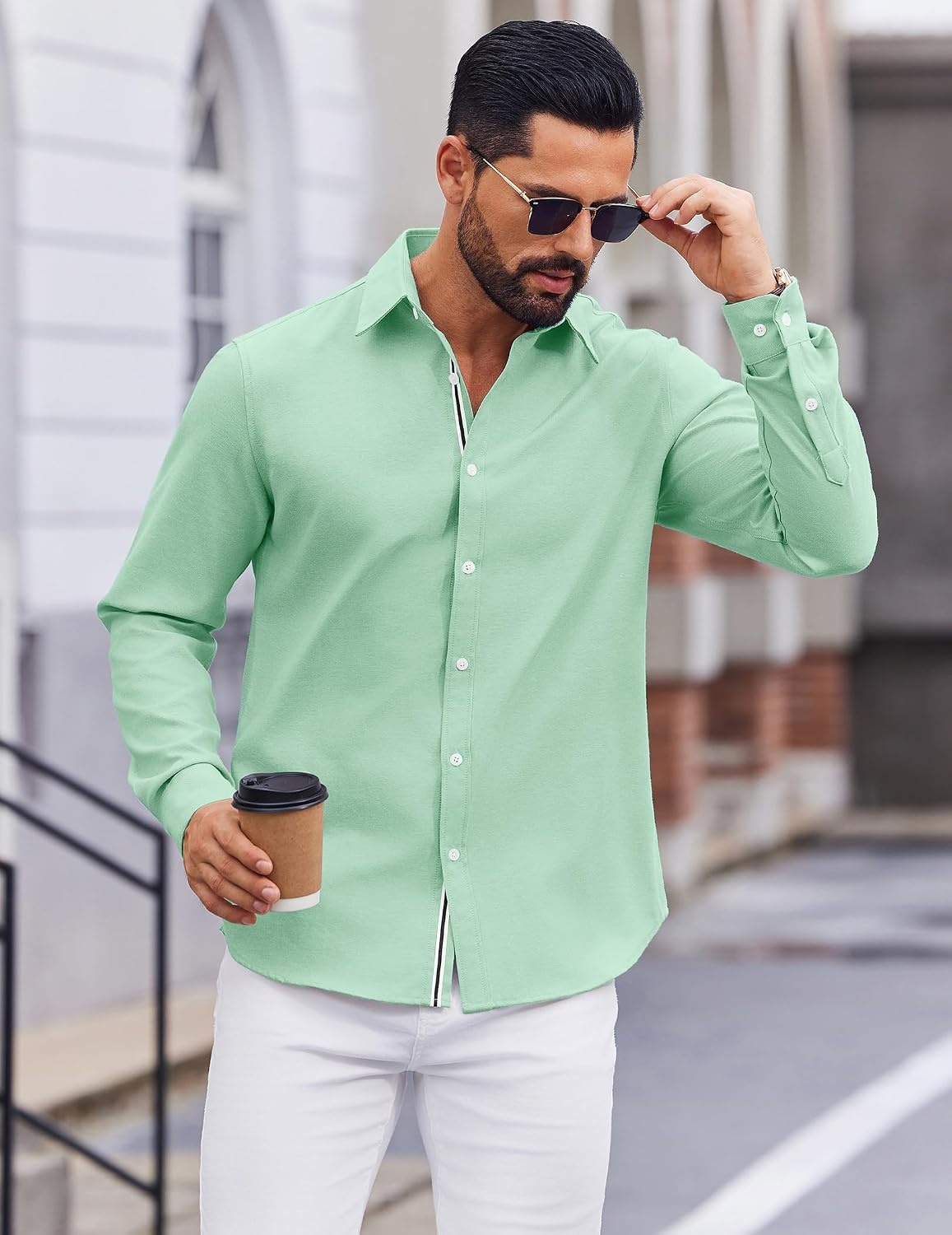 image:imageCOOFANDY Mens Oxford Shirt Long Sleeve Casual Button Down Dress ShirtIce Green