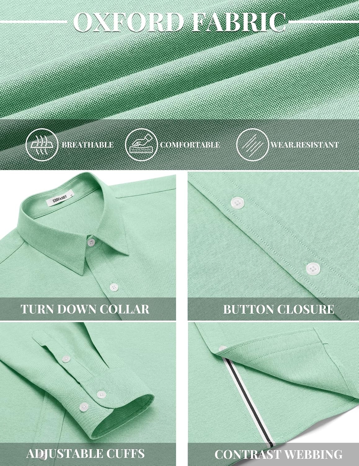 image:imageCOOFANDY Mens Oxford Shirt Long Sleeve Casual Button Down Dress ShirtIce Green