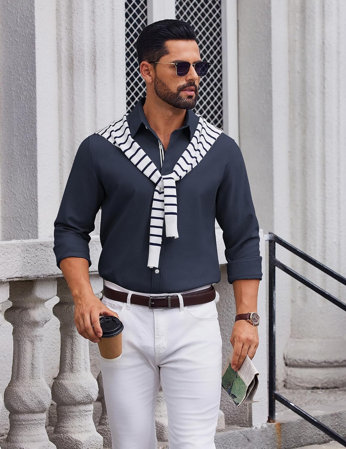 image:imageCOOFANDY Mens Oxford Shirt Long Sleeve Casual Button Down Dress ShirtNavy Blue