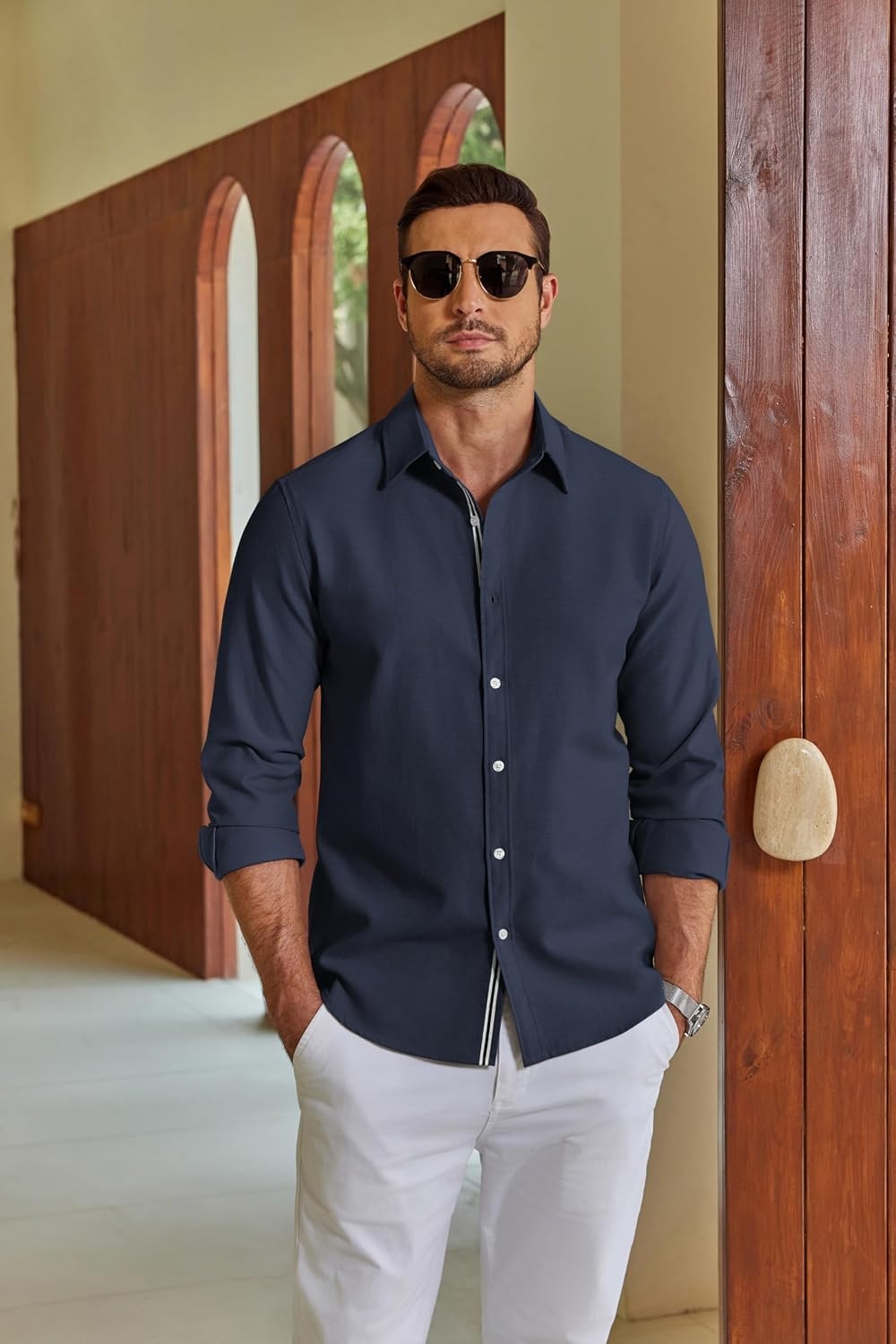 image:imageCOOFANDY Mens Oxford Shirt Long Sleeve Casual Button Down Dress ShirtNavy Blue