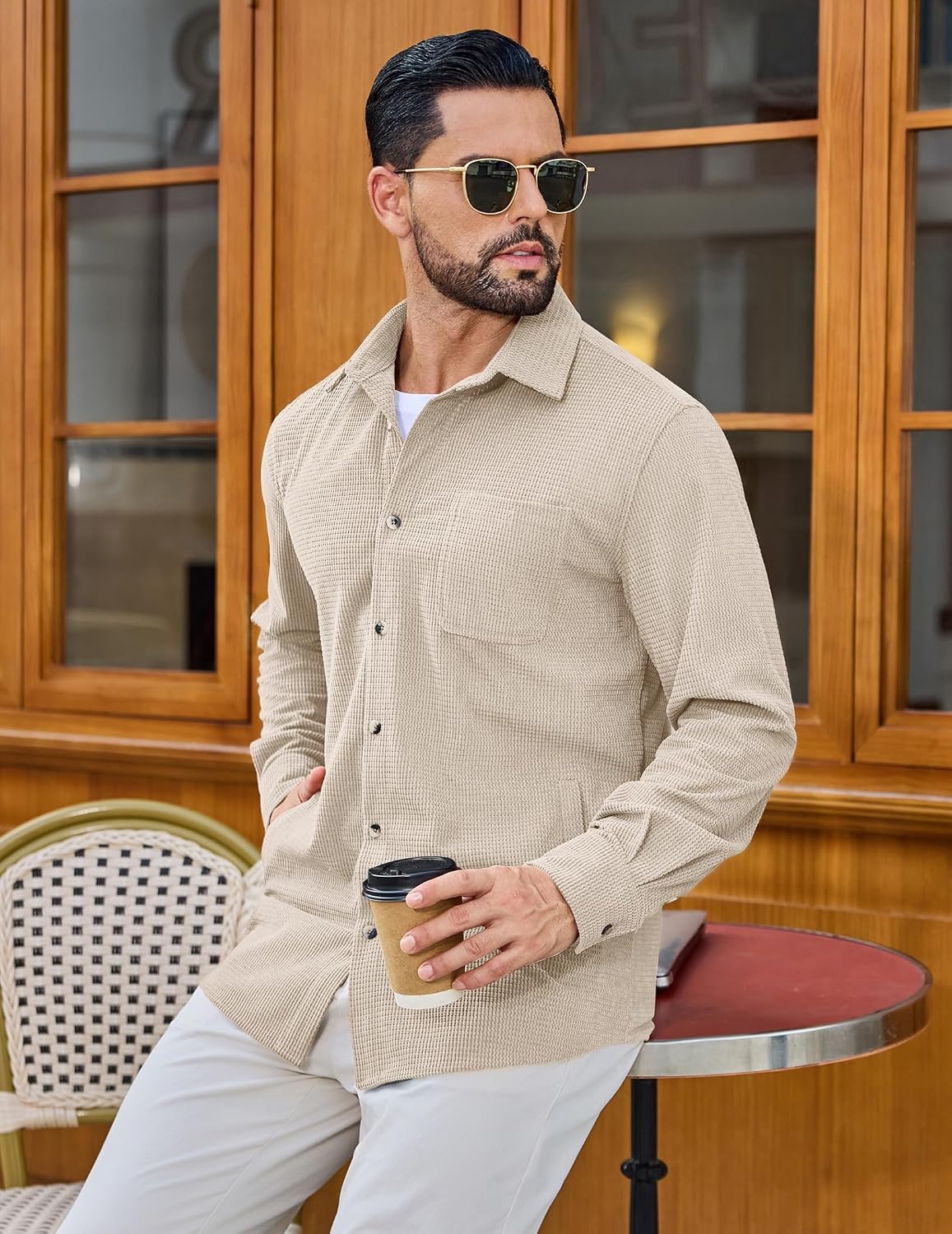 image:imageCOOFANDY Mens Waffle Button Down Shirt Casual Long Sleeve Corduroy ShirtsBeige